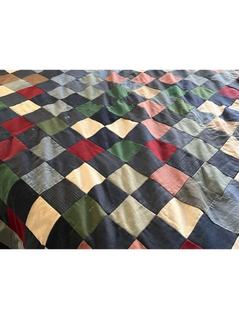 Unfinished Quilt Top Handmade Patchwork Denim Cutter Fixer Distressed 74”x60”